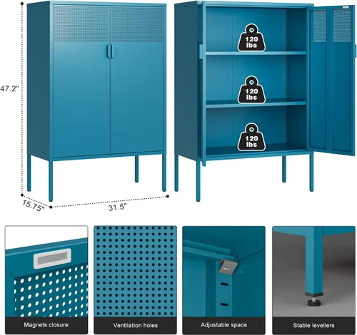 Vista 101 de Gabinete de almacenamiento de metal ancho negro, gabinete de acento de 2 puertas para el hogar y la oficina, gabinete de metal bajo de 2 niveles