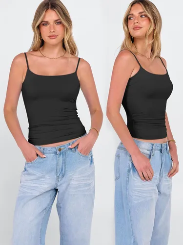 Vista 3 de ANRABESS Camisetas sin mangas para mujer con cuello cuadrado, tirantes delgados ajustables, camisetas de doble forro, camisetas básicas de verano