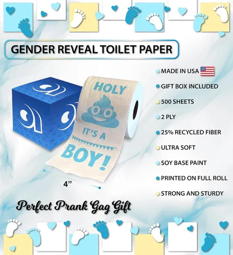 Vista 3 de Printed TP Holy It's a Boy! Regalo de papel higiénico impreso para revelación de género, divertido rollo para niños, regalos de fiesta de baby