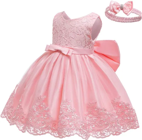Vista 3 de LZH - Vestido para niñas bebé con volante, encaje, espalda descubierta y lazo - Incluye accesorio para la cabeza - Vestido con flores para desfile