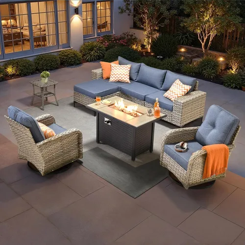 Vista 12 de HOOOWOOO Juego de muebles de patio de 5 piezas, sofá modular en forma de L para exteriores con mesa solar, mimbre PE para todo tipo de clima, sofá