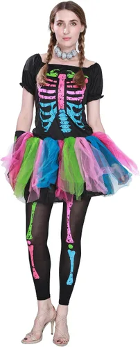Vista 2 de EraSpooky Disfraz de huesos punk funky para mujer, vestido de tutú colorido de esqueleto