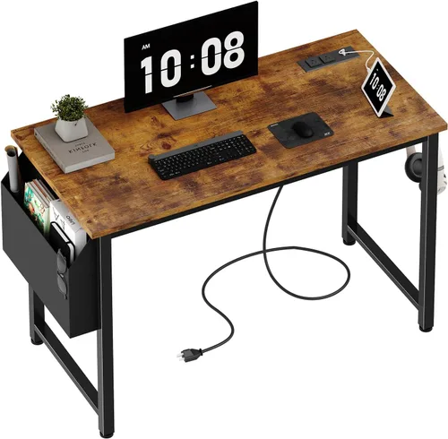 Vista 11 de Lufeiya Escritorio para computadora de 39 pulgadas con toma de corriente, mesa de estudio para adolescentes de 40 pulgadas, escritorio de trabajo