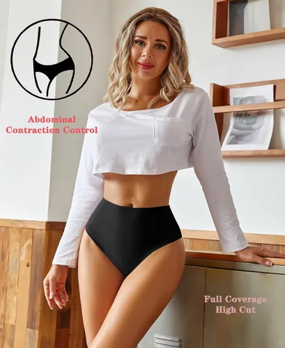 Vista 2 de Knowyou Tangas de cintura alta para mujer, ropa interior sin costuras para mujer, bragas sexys transpirables para mujeres, paquete de 6