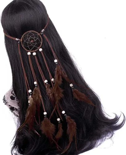 Vista 6 de Outyua Thurquoise Bohomian - Tocado de plumas largas de plumas gitanas nativas de pavo real, diadema ajustable de plumas
