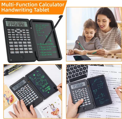 Vista 6 de Calculadora científica DPEDUAI con tableta de escritura LCD para escuela, color negro 240 math functions, dual-line display, built-in LCD writing