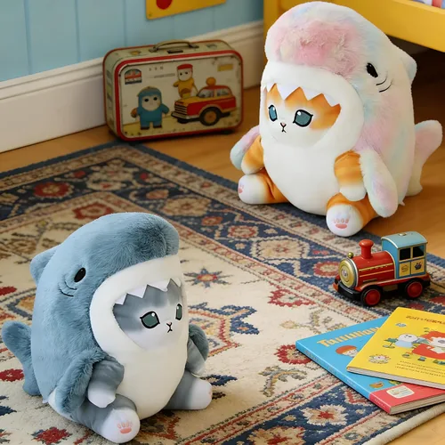 Vista 2 de Lindo juguete de peluche de gato de tiburón de 8 pulgadas, peluche de gato de camarón frito, almohada de peluche suave de gatito de tiburón, regalos