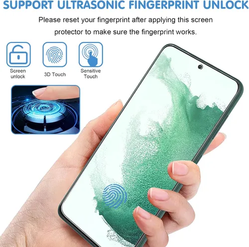 Vista 4 de [Paquete de 3+3] Protector de pantalla de vidrio para Samsung Galaxy S22 Plus 5G, vidrio templado 9H, compatible con huellas dactilares