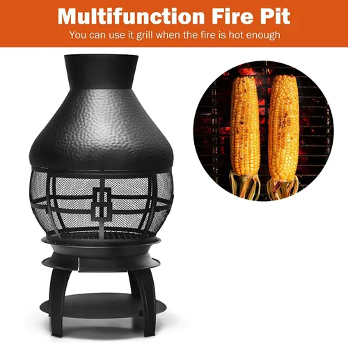Vista 5 de SAFSTAR Chiminea de hierro fundido para exteriores, chimenea de madera con póquer de fuego, cubierta de malla ignífuga de 360°, hoguera de leña