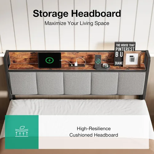 Vista 5 de Novilla Base de cama Queen con estación de carga USB/tipo C y cabecera de almacenamiento, marco de cama de plataforma de metal moderno, fácil