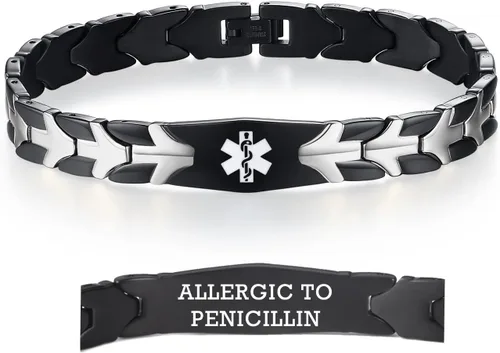 Vista 30 de LinnaLove Pulseras de alerta médica de pez volador para hombres y mujeres, pulseras médicas de acero inoxidable con grabado gratis, 8.5 pulgadas