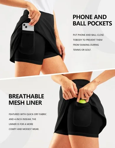 Vista 4 de SANTINY Falda pantalón de golf de 16 pulgadas para mujer, bolsillos con cremallera, falda de tenis de cintura alta para mujer, falda deportiva