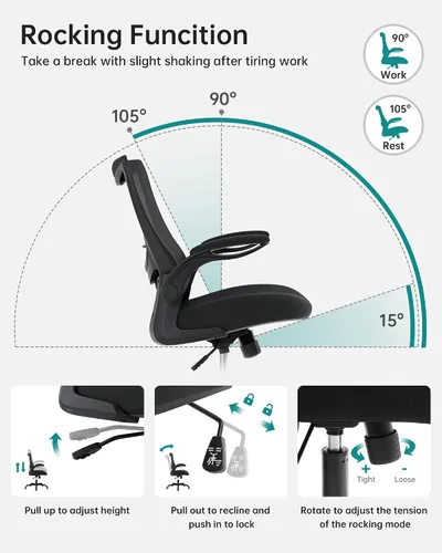 Vista 6 de MUXX.STIL Silla de oficina, silla de escritorio ergonómica con soporte lumbar ajustable y reposabrazos abatibles, silla de computadora de malla