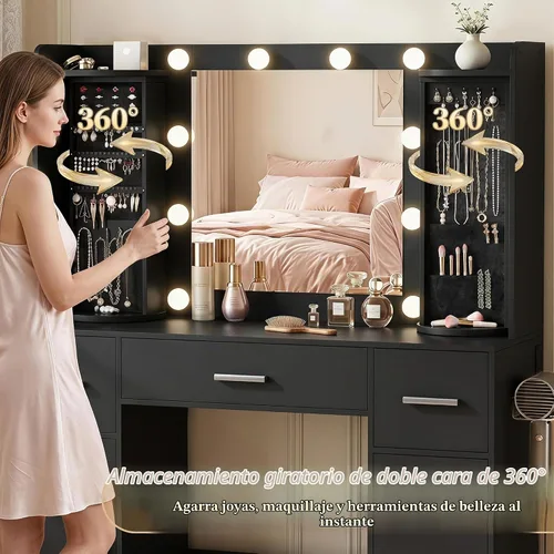 Vista 2 de EasyCom - Mesa de tocador con organizadores de joyería giratorios, tocador de maquillaje con espejo y luces, mesa de vestir con estación de carga