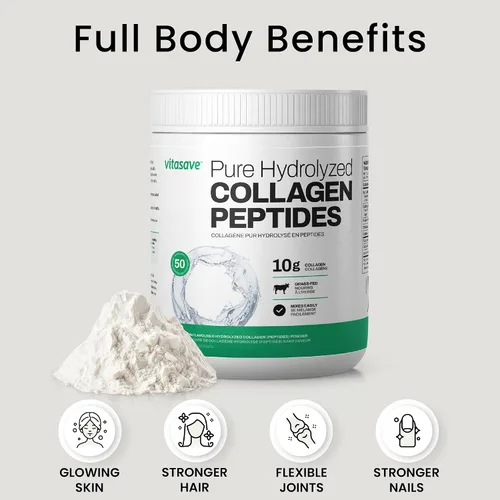 Vista 8 de Vitasave Polvo de péptidos de colágeno – 0.35 oz de colágeno hidrolizado por porción – Sin sabor, alimentado con pasto, apto para dieta cetogénica