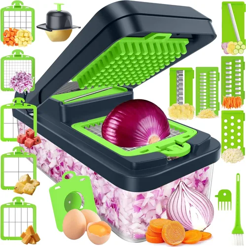 Vista 9 de SpaceHacks Picador de verduras 12 en 1, utensilios de cocina con 7 cuchillas, verduras, alimentos, picador de cebolla, rebanador de pepino