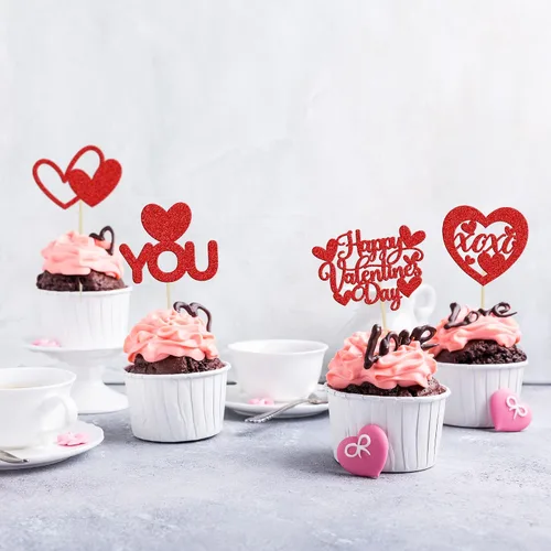 Vista 42 de Ephlyn 24 adornos para cupcakes con purpurina para el día de San Valentín, dulce amor, corazón, día de San Valentín, decoración para cupcakes
