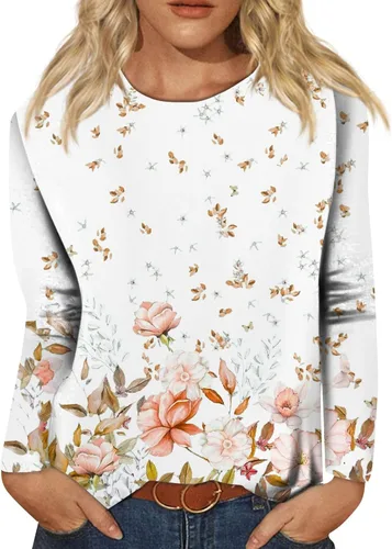 Vista 45 de Camisetas de manga larga para mujer, blusas elegantes y casuales con cuello redondo para mujer #00-Beige