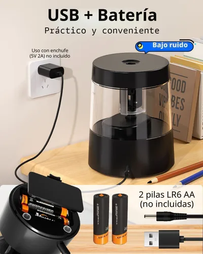 Vista 4 de ZMOL Sacapuntas eléctrico para lápices de colores, operado por batería, sacapuntas eléctrico enchufable para niños 6-8mm No.2/Oficina/Hogar/Negro