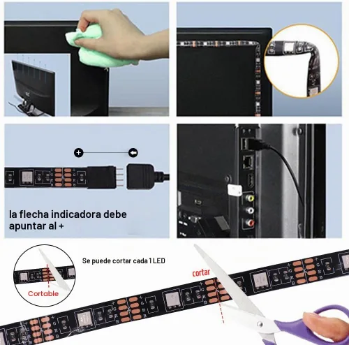 Vista 7 de Tira de luz LED RGB de 5 V 5050 USB con control remoto de 44 teclas, 4 luces precortadas de 1.64 pies/6.56 pies, cinta de retroiluminación para TV