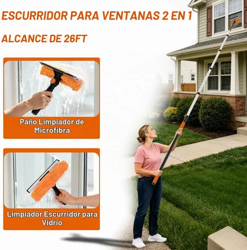 Vista 4 de Buyplus Kit de limpieza de ventanas de alto alcance de 26 pies con poste de extensión de 5 a 20 pies, limpiador de ventanas extensible, kit