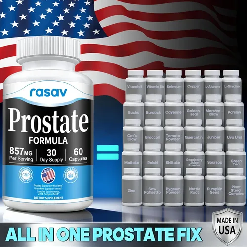 Vista 2 de Rasav Paquete de 3 suplementos para la salud de la próstata para hombres con palma enana, ortiga, semillas de calabaza y Pygeum, bloqueador de DHT