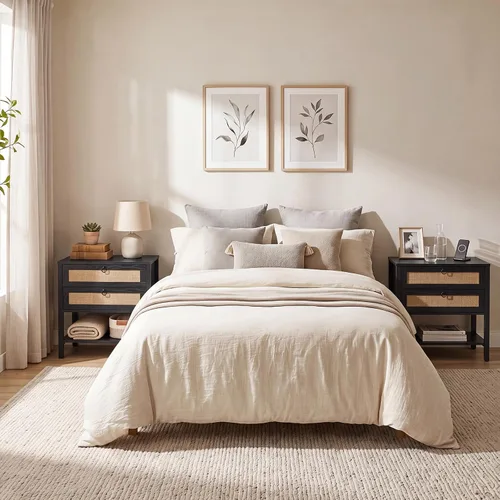 Vista 9 de KOMFOTT Rattan Nightstand, Bedside Table with 2 Drawers (Black,1)