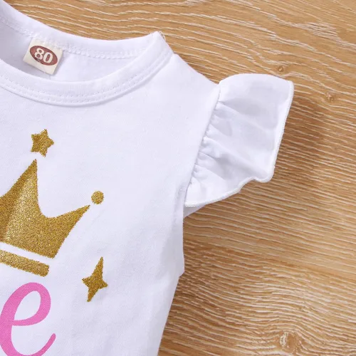 Vista 2 de Conjunto de mameluco de algodón para el primer cumpleaños para niñas con lentejuelas y lazo para la cabeza, 3 piezas