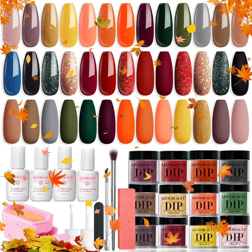 Vista 15 de AzureBeauty - Kit de 31 piezas de polvo de inmersión para uñas, otoño, invierno, rojo y verde con purpurina