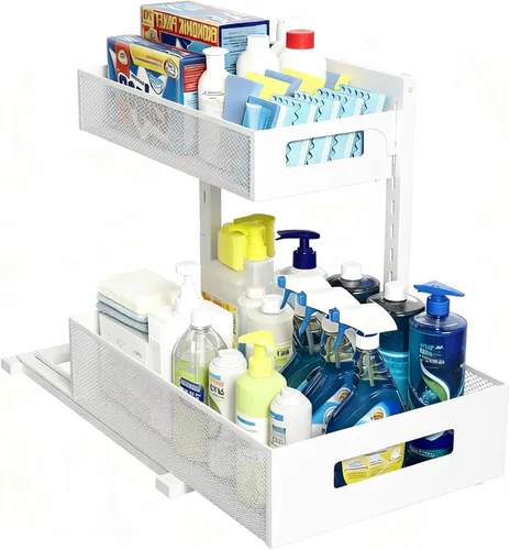 Vista 8 de Organizador para debajo del fregadero, estante de almacenamiento extraíble de 2 niveles, organizador de metal resistente al óxido para cocina, baño
