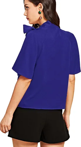 Vista 3 de SheIn - Blusa de manga corta para mujer estilo casual con corbatín lateral en el cuello