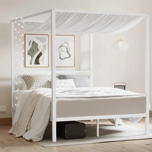 Vista 10 de ikalido Marco de cama con dosel de metal tamaño completo, marco de cama con plataforma moderna de cuatro postes, base de colchón, espacio de Negro