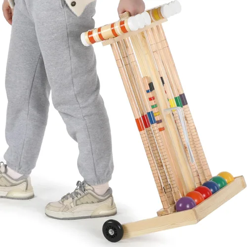 Vista 5 de Gemscream Juego de Croquet para 6 jugadores para adultos, kit de juego de Croquet con soporte de madera para patio trasero, juegos al aire libre