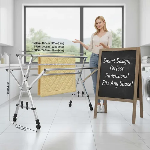Vista 7 de This Foldable Stainless Steel Clothes Rack, Telescopic Laundry Drying Hanger, Expandable Folding Garment Rack for Indoor Outdoor, Space-Saving Heavy