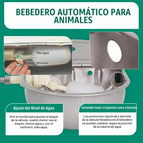Vista 5 de Cuenco automático de agua potable de vaca, acero inoxidable 304 para caballos, cabra, cerdo, perro, con válvula de flotador de 1/2