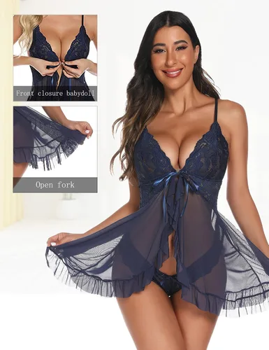 Vista 5 de Queenfox Lencería para mujer, camisón de encaje sexy para mujer