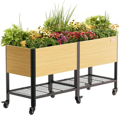 Vista 12 de Cama de jardín elevada con ruedas, macetas elevadas de grano de madera de metal de 2 x 4 pies con patas y estante de almacenamiento para patio