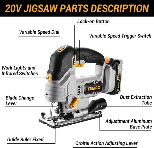 Vista 2 de Sierra de calar inalámbrica eléctrica: DEKOPRO 20V de potencia con luz LED, velocidad variable de 800-3000 RPM, longitud de carrera de 7/8 pulgadas