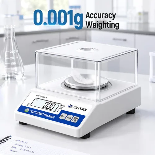 Vista 2 de Báscula de laboratorio 17.64 oz x 0.00004 oz Escala de miligramos de alta precisión Balanza analítica con parabrisas, peso de 7.05 oz, báscula