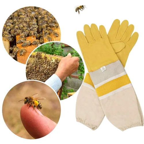Vista 7 de DZXZY Guantes profesionales de apicultura de piel de cabra de primera calidad, suministros de apicultura con lona larga, mangas ventiladas y puños