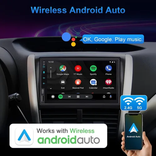 Vista 3 de Estéreo de coche de doble DIN de 7 pulgadas con CarPlay inalámbrico y Android Auto inalámbrico, radio de coche con pantalla táctil con Bluetooth