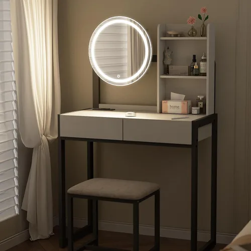Vista 5 de Mesa de tocador pequeña con espejo y luces, mesa de tocador de maquillaje con espejo LED, 3 modos de iluminación, toma de corriente, cajón, estantes