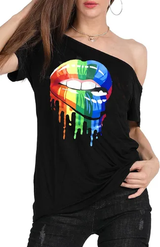 Vista 4 de MAGICMK - Camiseta casual para mujer, con estampado de labios y hombro descubierto, talla extragrande