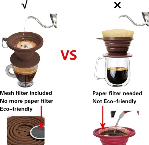 Vista 2 de Gotero de café plegable para verter sobre café, cafetera reutilizable de silicona, cafetera sin papel, apta para lavavajillas, mosquetón