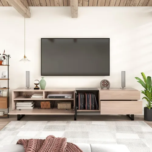 Vista 8 de Polibi Soporte de TV para TV de 80 pulgadas con puerta abatible, mesa consola multimedia moderna, centro de entretenimiento con doble espacio
