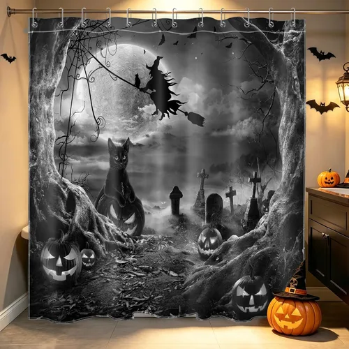 Vista 32 de LB Cortina de ducha espeluznante de Halloween, árbol muerto espeluznante con tela de araña de murciélago, cortina de ducha de baño con temática