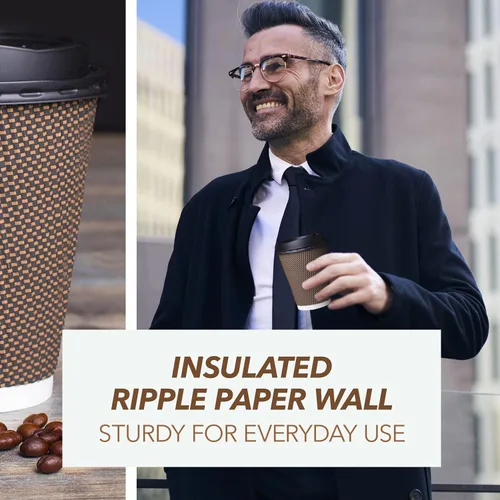 Vista 5 de Promora Tazas de café desechables marrones con tapas de 8 onzas, tazas de papel onduladas de papel aislado premium para café caliente, taza de café