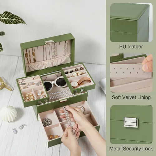 Vista 4 de Joyero de 3 capas grande de cuero organizador de joyas para mujeres y niñas, elegante y bien organizado para aretes, anillos, collares, pulseras