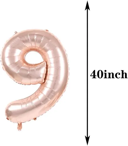 Vista 2 de Globo autoinflable del número 9 de 40 pulgadas, color oro rosa, 9º cumpleaños Globos de látex para decoración de 9º cumpleaños para mujeres