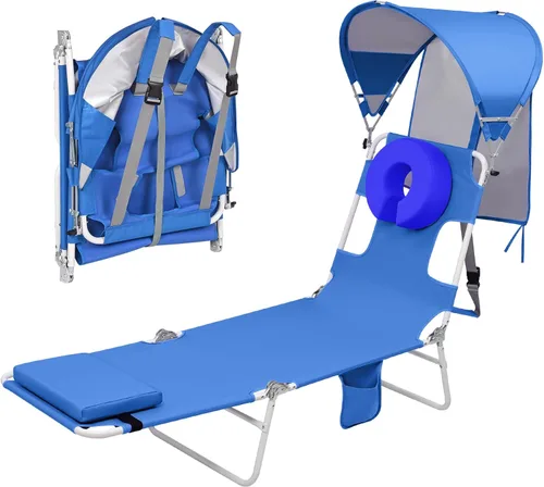 Vista 18 de Silla de bronceado de playa con mochila y toldo con protección solar y orificio para la cara, silla de sol plegable de 6 posiciones para adultos
